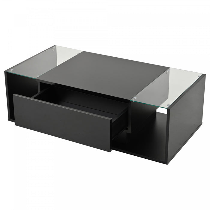 Gleam 39.3 Inch High-Gloss Coffee Table with LED Lights, Drawer and Glass Side Panels, Black