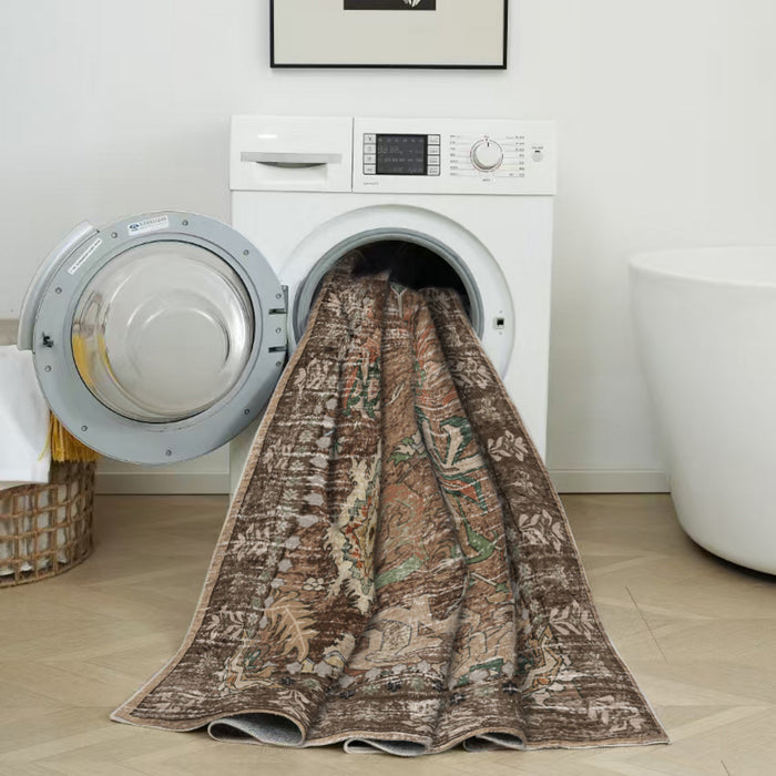 Aqua Brown Flames Washable Non-slip Low Pile Area Rug 5'x7'