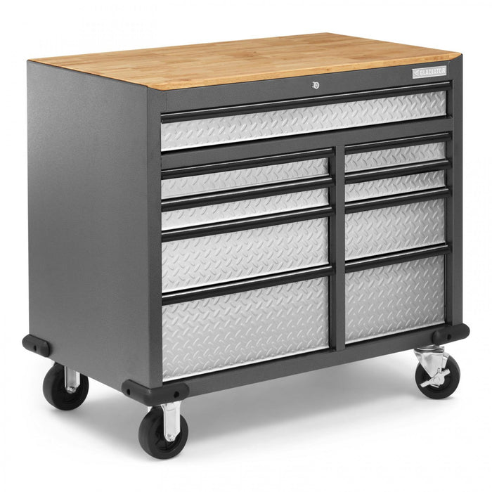 Gladiator Premier 41\" 9-Drawer Mobile Tool Workbench with Solid Wood Top - Silver Tread