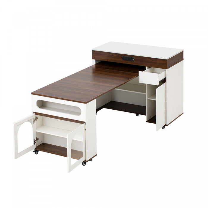 Avery Extendable Dining Table with Rolling Kitchen Island,Walnut
