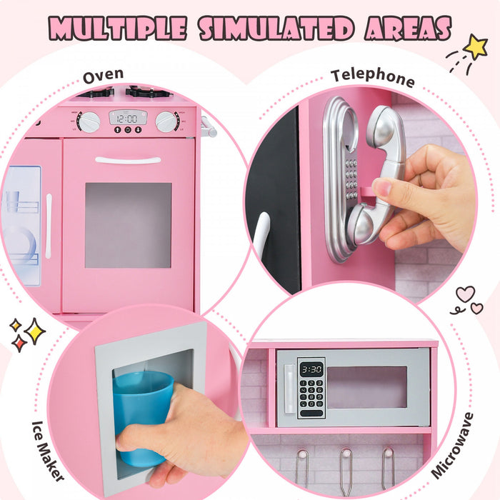 Costway Kid's Pretend Play Kitchen Toddler Kitchen Playset With Blackboard Pink