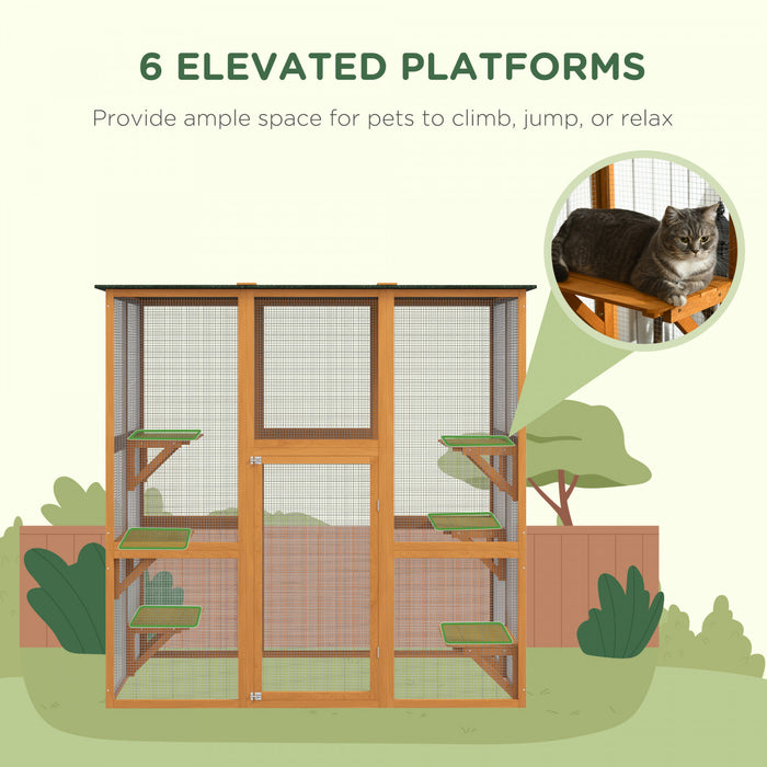 Pawhut Large Outdoor Catio Enclosure, Weatherproof Cat House With Asphalt Roof, Wooden Cat Patio Cage With 6 Balanced Platforms, 71\" X 39\" X 71\", Orange