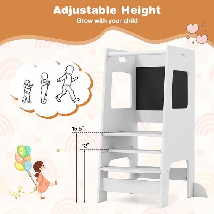 Costway Toddler Kitchen Step Stool With Activity Chalkboard Adjustable Height & Safety Rail White
