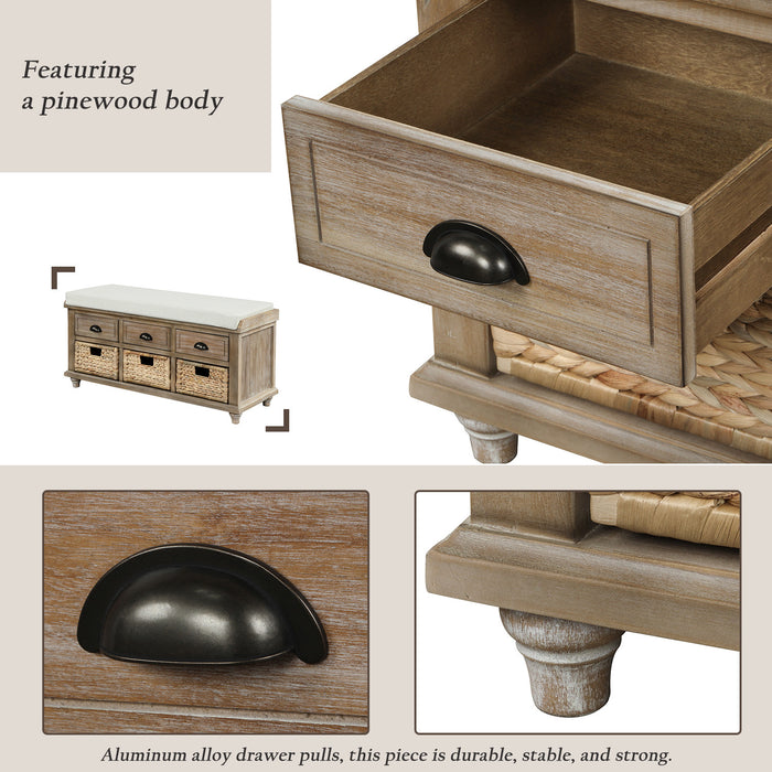 Harvey Solid Wood Storage Bench With Drawers And Rattan Baskets - Light Brown