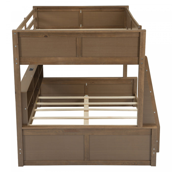 Liam Solid Wood Full XL Over Queen Bunk Bed with Storage & USB Ports, Brown