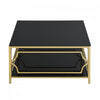 Gleam 33.5 Inch Square Tempered Glass Coffee Table with Geometric Gold Frame and Lower Shelf, Black | Gleam Table Basse Carree en Verre Trempe 33.5 po avec Cadre Geometrique Dore et Etagere Inferieure, Noir