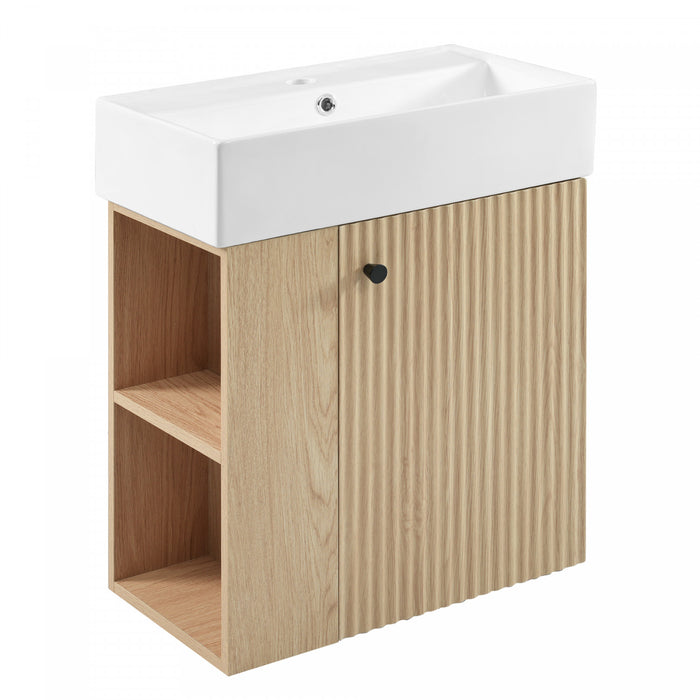 Camille Floating Bathroom Vanity with Ceramic Sink and Left Side Storage, Natural