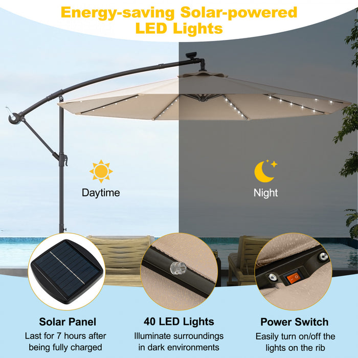 Costway 10 Ft Patio Solar LED Offset Umbrella 40 Lights Crank Cross Base Beige