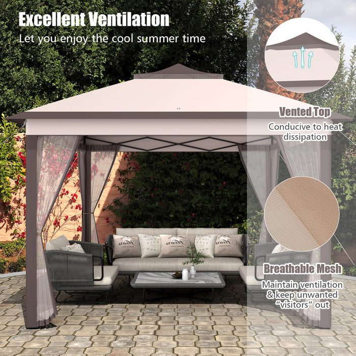 Costway 11'x11' 2-tier Pop-up Gazebo Tent Portable Canopy Shelter Carry Bag Mesh Beige
