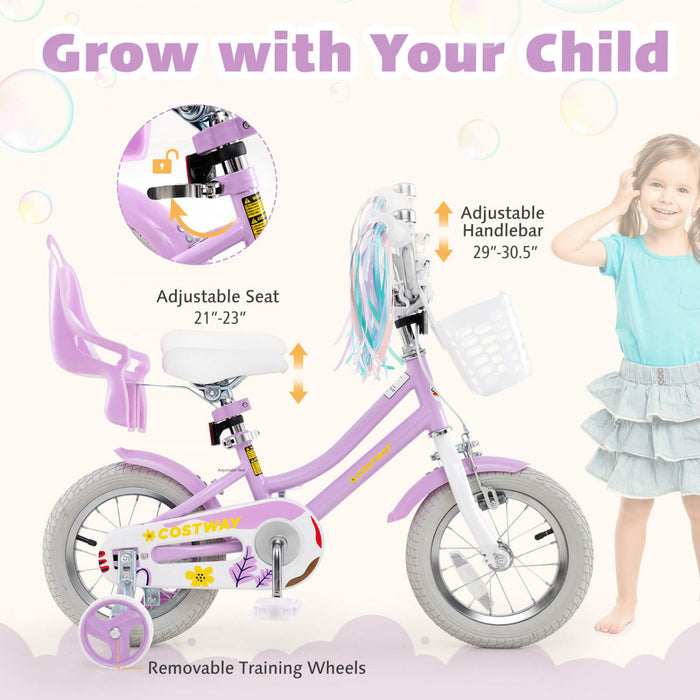 Costway 14 Inch Kids Bike With Training Wheels Doll Seat Basket Streamers Hand Brake Purple