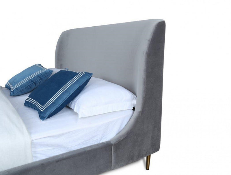 Heather Mid-Century Modern Velvet Upholstered Queen Bed in Gray and Gold