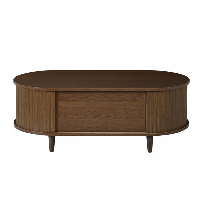 Grain 39.3 Inch Walnut Coffee Table with Roll-Up Door and Acrylic Drawer, Walnut