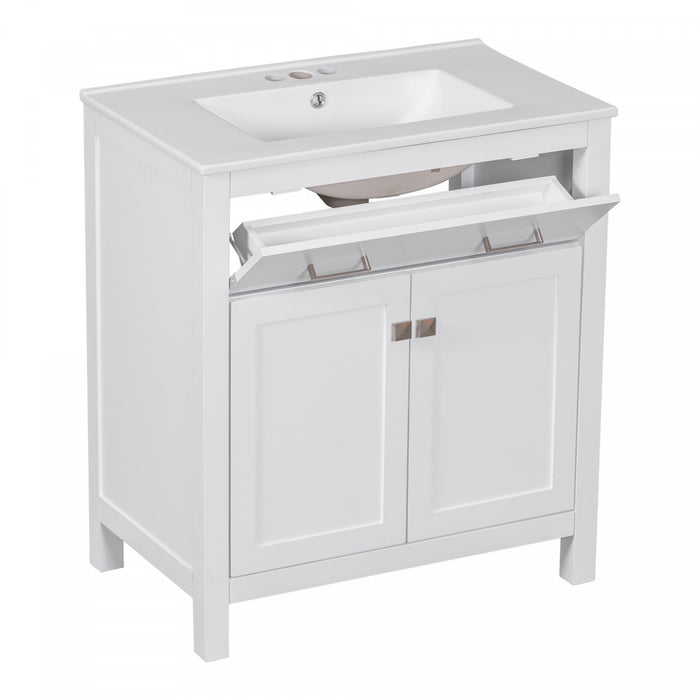 Baker 30 Inch Modern Bathroom Vanity with Ceramic Sink & Storage Cabinet, White