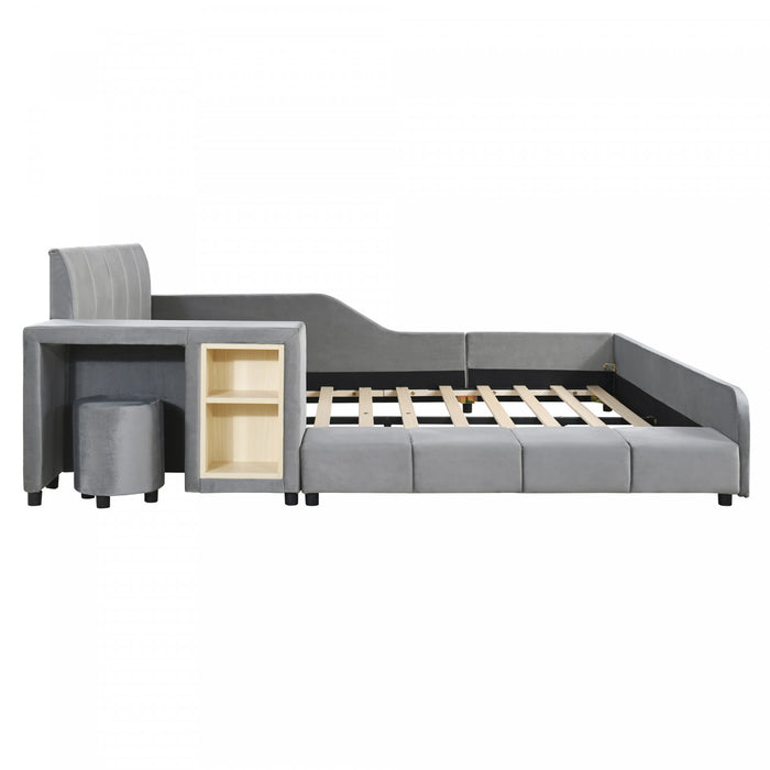 Lily Velvet Upholstered Grounded Bed with Desk and Stool,Full Size,Grey Full Bed
