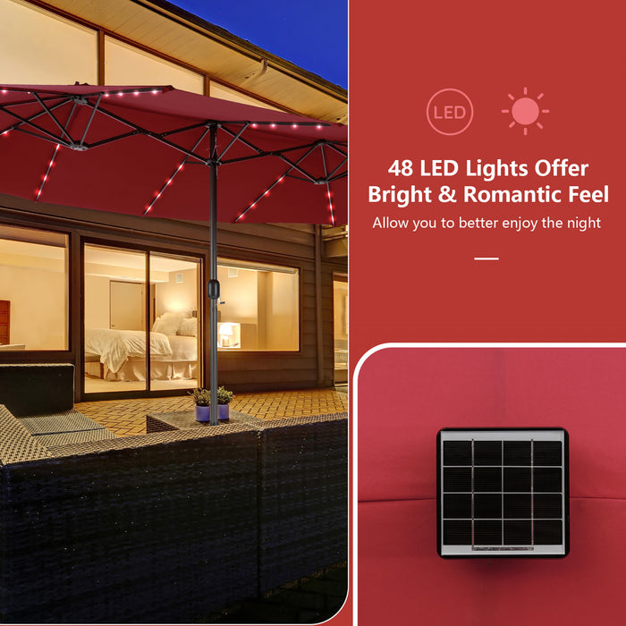 Costway 15FT Twin Patio Double-Sided Umbrella 48 Solar LED Lights Crank Outdoor Wine