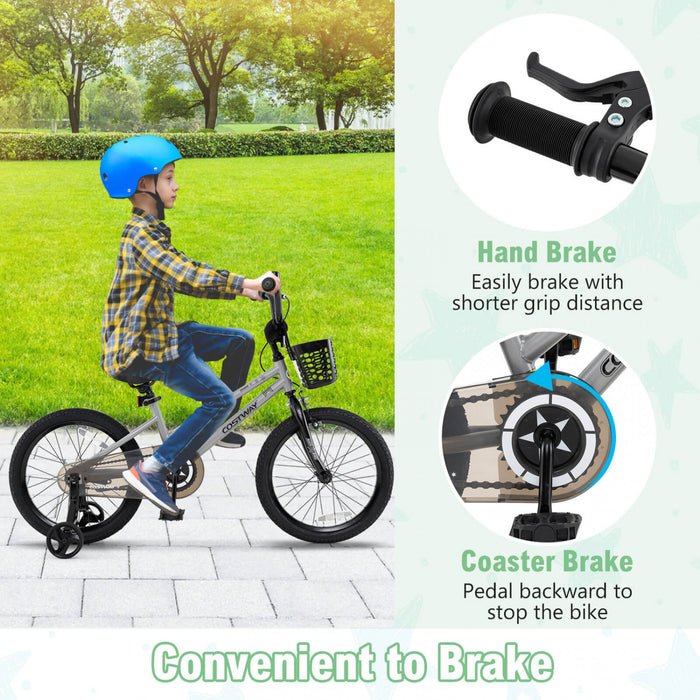 Costway 18\" Kid's Bike With Training Wheels Adjustable Handlebar & Seat Handbrake Sliver
