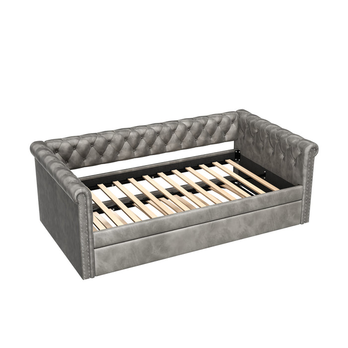 Sophia Tufted Design Upholstered Daybed with Trundle and Comfortable Backrest,Grey