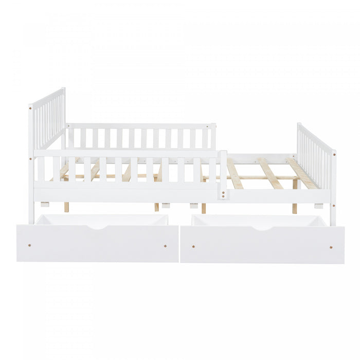 Emma Wood Platform Bed with Guardrails and Storage Drawers,Full Size - White