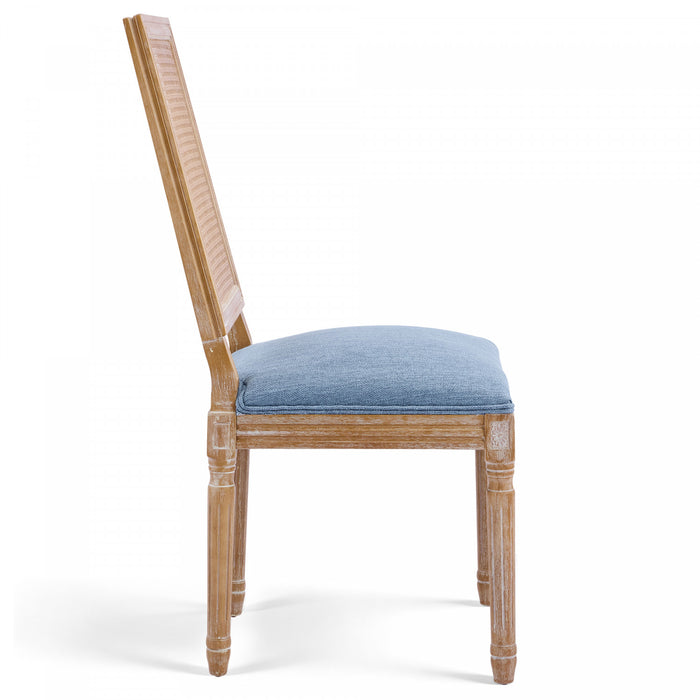 Oliver Solid Wood Rubberwood Dining Chair Set of 2 with Upholstered Seat Cane Backrest and Fluted Legs,Blue