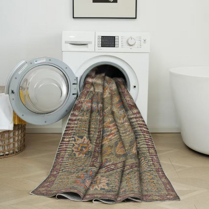 Aqua Brown Flora Washable Non-slip Low Pile Area Rug 5'x7'