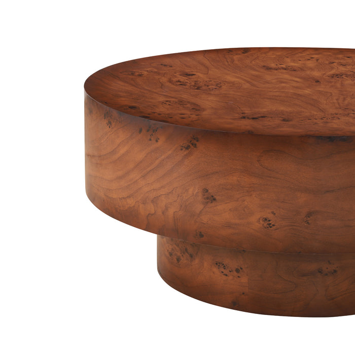 Sage 31.5 Inch Modern Round Burl Veneer Coffee Table with Drum Pedestal Base, Brown