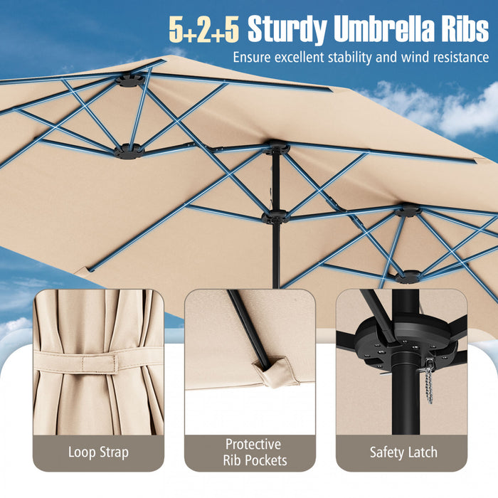 Costway 15.5 FT Extra-Large Patio Umbrella with LED Solar Lights & 12 Heavy-Duty Ribs Beige