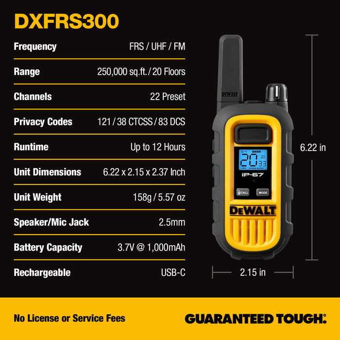2 Dewalt DXFRS300 Work Site Walkie Talkies Plus Earpieces - 1 Watt, Heavy Duty, Long Range Indoor-Outdoor Two Way Radios + 22 Channel
