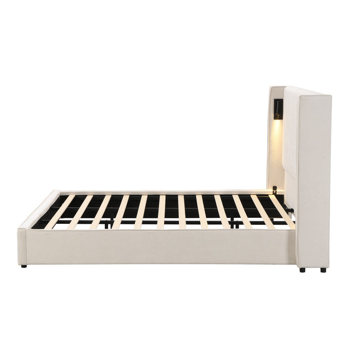 Olivia Upholstered Bed with Wingback Headboard and USB Ports,King Size - Beige