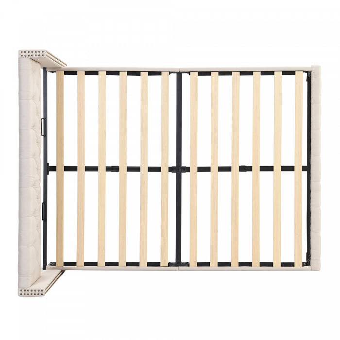 Haley Linen Upholstered Platform Bed with Classic Wingback Headboard and Diamond Tufted Upholstery,Full Size,Beige Full Bed