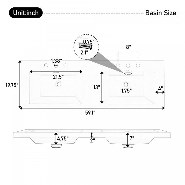 Dune 59 Inch Double Sink Bathroom Vanity with Resin Sinks and 4 Drawers, White