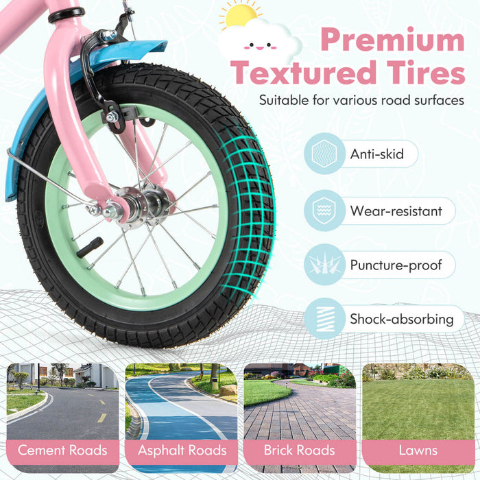 Costway 12\" Kids Bike With Adjustable Saddle Handlebar Removable Training Wheels Handbrake Pink