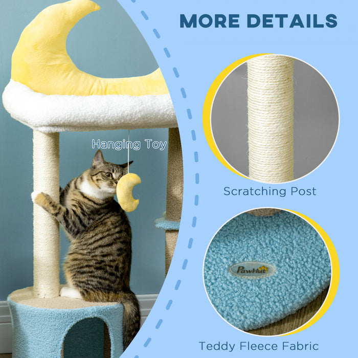 Pawhut 41\" Lovely Cat Tree For Indoor Cats With Teddy Fleece House And Bed, Kitten Tower With Scratching Post, Hanging Moon Shaped Toy, Star Platform, Blue