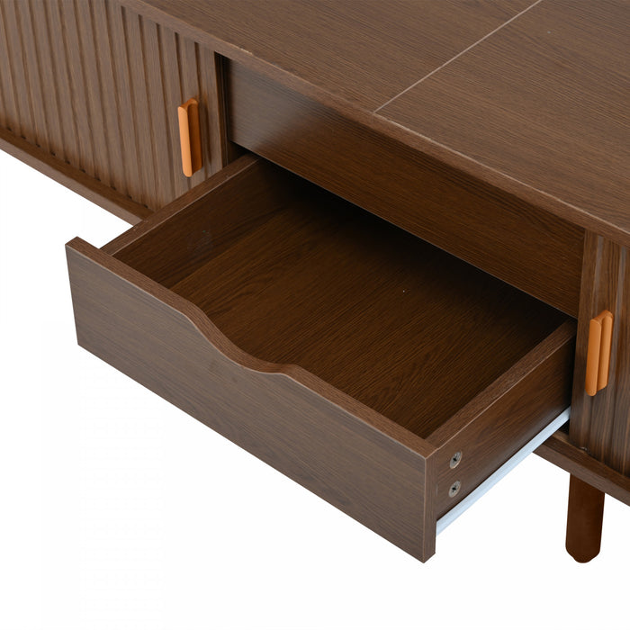 Ethan Oval TV Stand Media Console with Sliding Doors and Drawers,Dark Oak