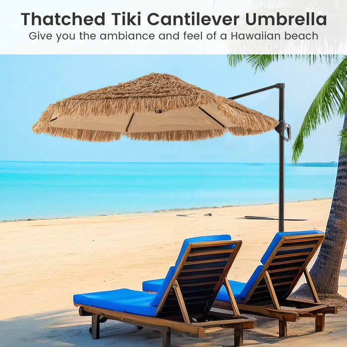 Costway 9.5 FT Cantilever Hula Tiki Thatch Patio Umbrella with Vented Top, 8-Layer Thatch