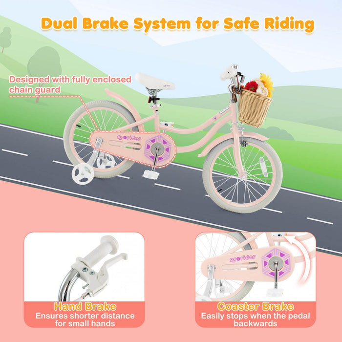 Costway 18\" Kid's Bike With Training Wheels Adjustable Handlebar Seat Handbrake Pink