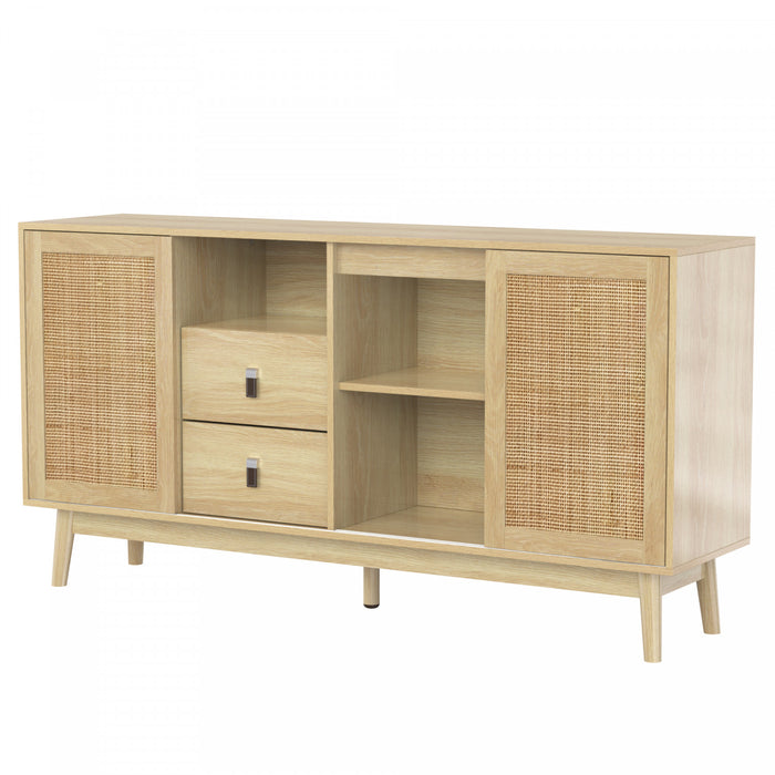 Oliver 61\" Sideboard Cabinet with Rattan Sliding Doors and Drawers,Natural Accent Cabinet
