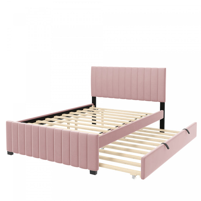Ethan Space-Saving Velvet Upholstered Platform Bed with Trundle,Full Size,Pink Full Bed