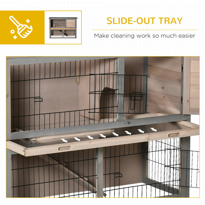 Pawhut 2-tier Wooden Rabbit Hutch Backyard Bunny Cage Habitat Small Animal House W/ Ramp, Slide Out Tray And Outdoor Run, Grey