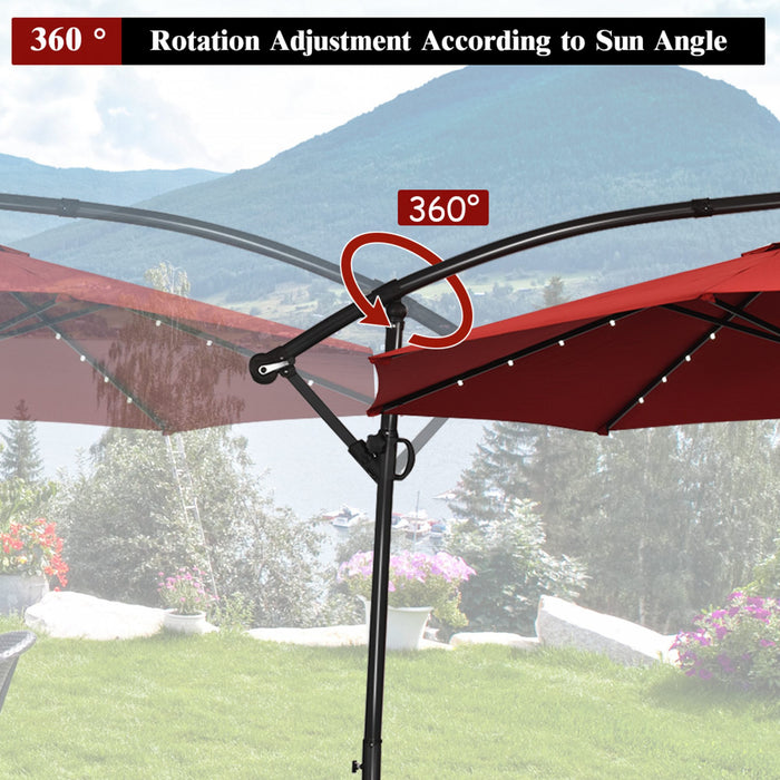 Costway 10FT Patio Offset Umbrella Solar LED 360degrees Rotation Burgundy