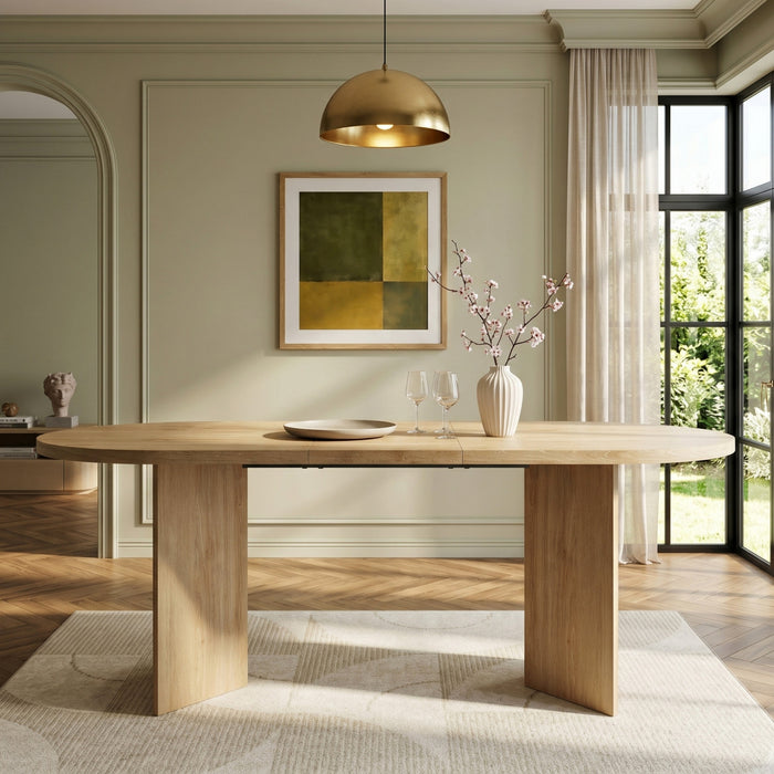 Ovalux 79 Inch Modern Oval Dining Table with Dual Pedestal Base and Wood Finish, Oak