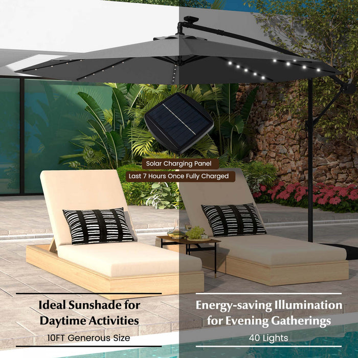 Costway 10 Ft Patio Solar LED 40 Lights Offset Umbrella Crank Cross Base Gray