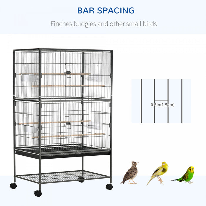 Pawhut 52\" Large Rolling Steel Bird Cage Bird House With Rolling Stand, Storage Shelf, Wood Perch, Food Container, Dark Grey
