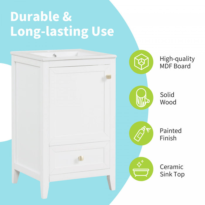 Puret 20 Inch Single Sink Bathroom Vanity with Door Shelf and Pull-Out Drawer, White