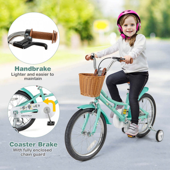 Costway 18\" Kids Bike With Height Adjustable Handlebar Seat Basket Bell Training Wheels Green