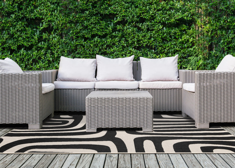 Jackson Black White Abstract Lines Outdoor Rug, 6'7\" x 9'6\" Outdoor Area Rug