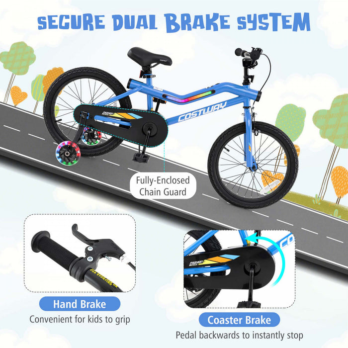 Costway 18\" Led Lighted Kids Bike With Adjustable Seat Coaster Brake Training Wheels Blue