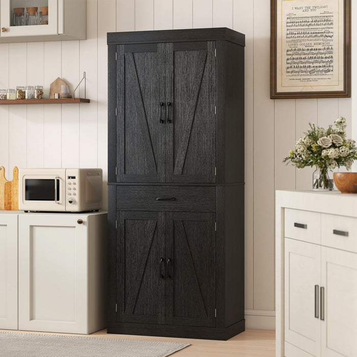 72\" Kitchen Pantry Cabinet, Kitchen Storage Cabinet with Barn Doors, Black