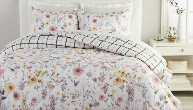 Mirabelle Twin Comforter Set - Reversible Pink & Grey Watercolor Floral Bedding 
