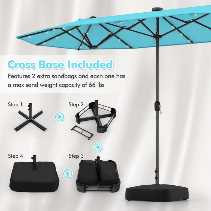 Costway 13FT Double-sided Patio Umbrella with Solar Lights Crank Handle Umbrella Base Turquoise