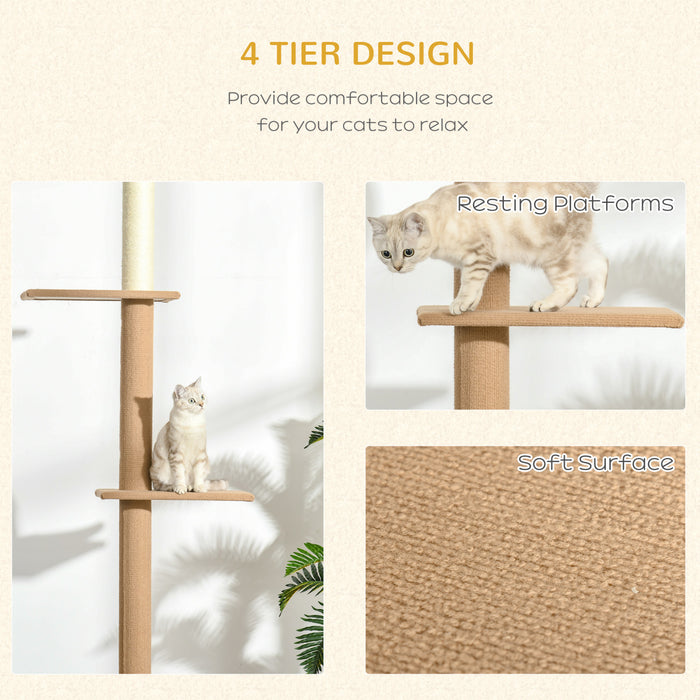 Pawhut 100\" Floor To Ceiling Cat Tree W/ 3 Perches Activity Center For Kittens Cat Tower Furniture, Brown